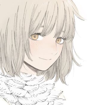 1girl blonde_hair blush closed_mouth commentary dungeon_meshi eyelashes falin_touden falin_touden_(chimera) feathers frs2 hair_between_eyes highres looking_at_viewer medium_hair orange_eyes portrait short_hair simple_background solo symbol-only_commentary white_background white_feathers