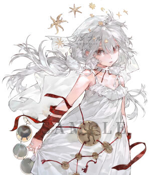 Rule 34 | 1girl, absurdres, baifeidaiwang, bandaid, bandaid on hand, choker, closed mouth, clothes grab, collarbone, cowboy shot, dress, dress grab, floating hair, highres, long hair, looking at viewer, original, red eyes, red ribbon, ribbon, sample watermark, simple background, solo, star (symbol), veil, watermark, white background, white dress, white hair, white veil