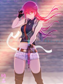 1girl absurdres artist_name bare_shoulders belt black_gloves blurry blurry_background breasts closed_mouth commission crop_top cropped_jacket dog_tags double-parted_bangs eiyuu_densetsu english_text floating_hair furisode_(pixilvina) glint gloves gun hair_between_eyes handgun highres holding holding_gun holding_weapon jacket large_breasts long_hair looking_at_viewer midriff navel pink_hair sara_valestein sen_no_kiseki_(series) shorts skeb_commission sleeveless sleeveless_jacket smile solo thighs watermark weapon yellow_eyes