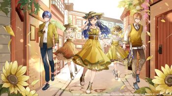 2boys 3girls :d ankle_boots aoyagi_touya arms_at_sides azusawa_kohane bare_shoulders black_hair black_pants black_shoes blonde_hair blue_eyes blue_hair boater_hat boots bow bow_choker bracelet brown_boots brown_choker brown_pants brown_sash brown_shoes building butterfly_hair_ornament choker closed_mouth clothing_cutout collared_shirt copyright_notice day detached_sleeves dress earrings falling_petals flower flower_earrings flower_necklace frilled_dress frilled_shirt_collar frilled_skirt frills full_body gradient_hair green_eyes grey_shoes hair_between_eyes hair_flower hair_ornament hair_ribbon hairclip hand_on_own_chest hat hat_bow high-waist_skirt highres jacket jewelry kagamine_rin lace-up_boots long_hair long_sleeves looking_at_viewer multicolored_hair multiple_boys multiple_girls multiple_rings necklace official_art open_clothes open_collar open_jacket open_mouth orange_dress orange_hair own_hands_together pants pants_rolled_up parted_lips petals peter_pan_collar pink_flower plant project_sekai puffy_short_sleeves puffy_sleeves rainbow ribbon ring road shinonome_akito shiraishi_an shirt shoes short_hair short_sleeves short_twintails shoulder_cutout shunka_tunacan skirt sleeve_cuffs sleeveless sleeveless_dress smile sneakers socks split-color_hair standing straight-on straw_hat streaked_hair street sun_hat sunflower sweater_vest swept_bangs town tucking_hair turtleneck twintails two-tone_hair vines vivid_bad_squad_(project_sekai) wavy_hair white_shirt white_socks yellow_dress yellow_eyes yellow_flower yellow_jacket yellow_skirt yellow_sweater_vest