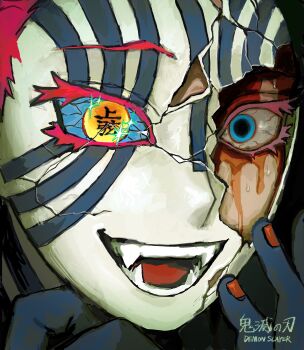 1boy :d absurdres akaza_(kimetsu_no_yaiba) black_skin blue_eyes colored_eyebrows colored_eyelashes colored_skin copyright_name cracked_kawaii_mask fangs hands_up highres kimetsu_no_yaiba male_focus nail_polish note_(lish_416) open_mouth red_hair red_nails short_hair smile solo sweat teeth translation_request yellow_eyes