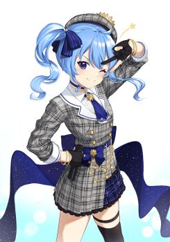 1girl 9nojo ahoge asymmetrical_legwear belt beret black_gloves black_thighhighs blue_choker blue_eyes blue_hair blue_neckwear blue_skirt blush bracelet choker closed_mouth collared_shirt commentary cowboy_shot crown female_focus fingerless_gloves frilled_skirt frills gloves grey_hat grey_jacket hair_between_eyes hair_ornament hair_ribbon hand_on_own_hip hat highres hololive hoshimachi_suisei hoshimachi_suisei_(1st_costume) jacket jewelry layered_skirt long_hair long_sleeves looking_at_viewer one_eye_closed plaid_clothes plaid_hat pleated_skirt purple_eyes ribbon shirt side_ponytail sidelocks simple_background single_thighhigh skirt smile solo sparkle star_(symbol) thigh_strap thighhighs uneven_legwear v virtual_youtuber white_background white_shirt