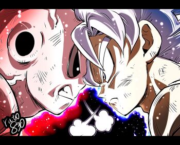 2boys alien aura clenched_teeth commentary_request dragon_ball dragon_ball_super forehead-to-forehead frown grey_eyes grey_hair heads_together highres jiren letterboxed male_focus multiple_boys ruto830 signature son_goku teeth tournament_of_power ultra_instinct veins