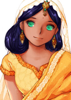 1girl bindi black_hair dark-skinned_female dark_skin earrings facial_mark female_focus forehead_mark green_eyes gundam indian_clothes jewelry lalah_sune lips looking_at_viewer mobile_suit_gundam pydiyudie sari simple_background smile solo white_background