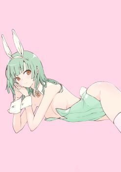 1girl animal_ears bakemonogatari bare_shoulders blunt_bangs breasts covered_navel detached_collar green_hair highres hip_bones long_hair lying monogatari_(series) on_side orange_eyes pink_background playboy_bunny rabbit_ears rabbit_tail sengoku_nadeko simple_background small_breasts solo tail thighhighs thighs usa003uni white_thighhighs wrist_cuffs