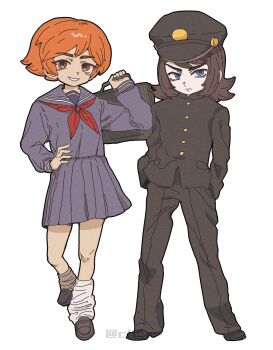 1boy 1girl abaddon_(haunted_hotel) absurdres blue_eyes brown_hair chinese_commentary commentary_request esther_freeling gakuran hand_on_own_hip hands_in_pockets hat haunted_hotel highres leg_warmers looking_at_viewer noecho orange_eyes orange_hair peaked_cap purple_serafuku school_uniform serafuku short_hair simple_background skirt standing white_background