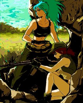 2girls blue_eyes blue_hair breasts brown_eyes brown_hair female_focus fio_germi large_breasts leona_heidern long_hair medium_hair metal_slug multiple_girls okm181 outdoors pale_skin shirt shoes tank_top the_king_of_fighters thick_thighs thighs