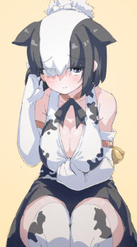 Rule 34 | 1girl, animal ears, animal print, bell, black eyes, black hair, breasts, brown background, cleavage, cow ears, cow girl, cow print, cowbell, elbow gloves, extra ears, gloves, hair over one eye, highres, holstein friesian cattle (kemono friends), kemono friends, large breasts, long hair, looking at viewer, lowlandgorilla, multicolored hair, neck ribbon, ribbon, shirt, simple background, skirt, sleeveless, sleeveless shirt, solo, thighhighs, two-tone hair, white hair