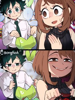 1boy 1girl 2girls alternate_costume bare_shoulders boku_no_hero_academia bongftah breasts brown_eyes brown_hair evil_smile fangs female_pervert gloves green_eyes green_hair hagakure_toru illusion invisible large_breasts mannequin midoriya_izuku multiple_girls necktie netorare pervert playboy_bunny possessed scar scar_across_eye scar_on_face shoulder_grab smile toga_himiko virgin_killer_sweater