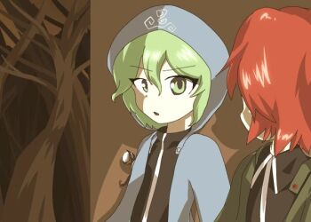 2others against_wall androgynous anime_coloring armband bad_id bad_pixiv_id bare_tree black_shirt blue_jacket buttons collared_shirt detached_hood dot_nose fake_screenshot green_eyes green_hair green_jacket hair_between_eyes hood hood_down hood_up hooded_jacket image_sample jacket jandare jynx_(style) len'en long_sleeves looking_ahead looking_at_another multiple_others official_style open_clothes open_jacket open_mouth other_focus outdoors pixiv_sample red_hair shadow shirt shitodo_aoji shitodo_hooaka short_hair siblings tree turtleneck turtleneck_shirt upper_body zipper