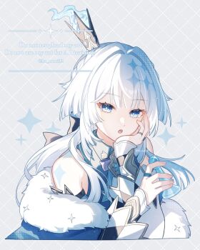 Rule 34 | 1girl, argyle background, black skirt, blue eyes, blue fire, blue jacket, cerydra (honkai: star rail), chess piece, collared shirt, commentary, cropped torso, crown, detached sleeves, fire, fur-trimmed jacket, fur trim, grey background, grey shirt, hana (nemukunai87), head rest, highres, holding, holding chess piece, honkai: star rail, honkai (series), jacket, long hair, looking at viewer, off shoulder, open mouth, shirt, shoulder tattoo, simple background, skirt, solo, sparkle, tattoo, two-tone sleeves, watermark, white hair, white sleeves