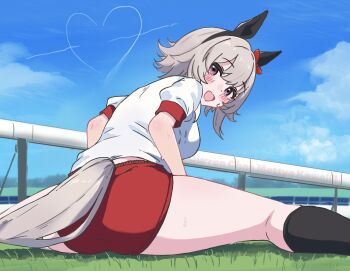1girl :d animal_ears ass ass_focus back_peek black_hairband black_socks buruma character_name commentary_request curren_chan_(umamusume) ear_covers from_behind grey_hair gym_shirt hairband highres horse_ears horse_girl horse_tail kerotan_(belle_reinedesu) kneehighs looking_at_viewer looking_back open_mouth outdoors purple_eyes red_buruma romaji_text shirt short_hair short_sleeves smile socks solo spread_legs tail umamusume white_shirt