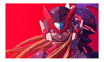 2boys absurdres android armor black_eyes blonde_hair forehead_jewel helmet highres long_hair looking_at_viewer male_focus mechabare mega_man_(series) mega_man_zero_(series) mega_man_zero_3 multiple_boys nakayama_tooru official_art omega_(mega_man) power_armor red_background red_helmet red_theme third-party_source upper_body white_background zero(z)_(mega_man) zero_(mega_man)