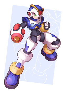 Rule 34 | 1boy, absurdres, android, arm cannon, armor, border, clenched hand, closed mouth, first armor x (mega man), forehead jewel, full body, green eyes, helmet, highres, legs apart, male focus, mega man (series), mega man x1, mega man x (series), nakayama tooru (style), robot, shoulder armor, shoutaro saito, solo, standing, tagme, weapon, white armor, white border, x (mega man)