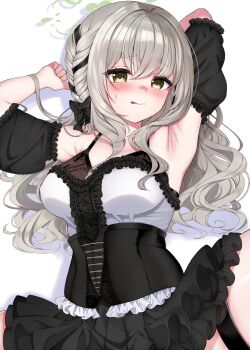 1girl :q absurdres armpits bare_shoulders black_skirt blue_archive blush braid breasts detached_sleeves frills grey_hair hair_between_eyes highres large_breasts long_hair looking_at_viewer lying miyo_(blue_archive) on_back sen_chan_(akane1023) skirt solo sweat tongue tongue_out wavy_hair yellow_eyes