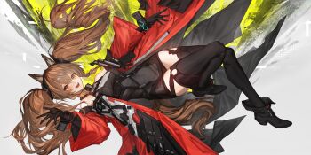 1girl :d angelina_(arknights) animal_ear_fluff animal_ears arknights arknights:_endfield bare_shoulders black_boots black_gloves black_thighhighs boots bracelet breasts brown_hair coat commentary dress elbow_gloves elevation_contour_lines english_commentary floating floating_clothes floating_hair fold-over_boots fox_ears fox_girl fox_tail full_body game_cg gilberta_(arknights) gloves grey_dress headpiece high_collar highres impossible_clothes impossible_dress jewelry lm7_(op-center) long_hair long_sleeves looking_at_viewer medium_breasts off_shoulder official_art open_clothes open_coat open_mouth originium_(arknights) outstretched_arm red_coat red_eyes short_dress smile solo tail teeth thighhighs twintails very_long_hair wide_sleeves zettai_ryouiki