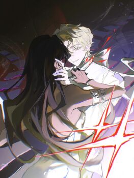 1boy 1girl alien_stage alternate_costume armlet backless_dress backless_outfit bead_bracelet beads blade_to_throat blonde_hair blood_from_neck bracelet brown_hair chinese_commentary commentary dress gloves hand_on_another&#039;s_face highres holding holding_knife hyuna_(alien_stage) jewelry knife lasiven long_hair luka_(alien_stage) shirt silver_armlet smile strapless strapless_dress very_long_hair white_dress white_gloves white_shirt