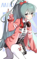Rule 34 | 1girl, absurdres, blue eyes, blue hair, blush, bow, cardigan, character name, collared shirt, elma07, hair bow, hatsune miku, headphones, headphones around neck, highres, long hair, long sleeves, looking at viewer, necktie, ponytail, project diva (series), ribbon girl (module), shirt, skirt, solo, striped necktie, thighhighs, tie clip, very long hair, vocaloid