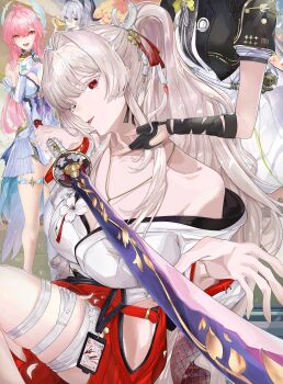 4girls absurdres aemeath_(wuthering_waves) black_gloves black_jacket breasts commentary dress eating female_rover_(perpetual_spark)_(wuthering_waves) female_rover_(wuthering_waves) food gloves hair_intakes hair_ornament hair_ribbon hakama hakama_skirt highres hiyuki_(wuthering_waves) holding holding_food holding_pizza holding_sword holding_weapon hyaui_kazuki id_card jacket japanese_clothes katana kimono long_hair looking_at_viewer medium_breasts multiple_girls off_shoulder open_mouth orange_eyes pizza ponytail red_eyes red_hakama red_ribbon ribbon rover_(wuthering_waves) skirt smile solo_focus sword untranslatable_commentary weapon white_dress white_hair white_kimono wuthering_waves zani_(wuthering_waves)