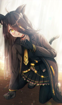 Rule 34 | 1girl, absurdres, ahoge, alternate animal ears, alternate tail, animal ear fluff, animal ears, black choker, black coat, black gloves, black hair, black pantyhose, black shirt, black skirt, blush, cat ears, cat girl, cat tail, choker, coat, commentary, fang, gloves, hair over one eye, highres, iceman (iceman550787), kneeling, long hair, looking at viewer, manhattan cafe (creeping shadow) (umamusume), manhattan cafe (umamusume), necktie, open clothes, open coat, open mouth, pantyhose, paw pose, shirt, skin fang, skirt, solo, tail, umamusume, yellow necktie