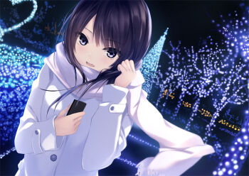 1girl black_hair blue_eyes christmas_lights coat coffee-kizoku looking_at_viewer night open_mouth original outdoors scarf smile solo upper_body white_coat winter