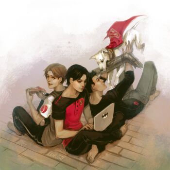3boys back-to-back barefoot bart_allen bat_(symbol) black_hair blue_eyes brown_hair computer conner_kent dc_comics dog emblem food impulse indian_style kon-el krypto kryptonian laptop len-yan lightning_bolt_symbol male_focus multiple_boys pizza red_robin s_shield sitting smile superboy tim_drake yellow_eyes young_justice
