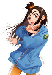 1girl :o absurdres blue_hoodie brown_eyes commentary_request cube_hair_ornament earclip eyelashes hair_ornament head_tilt highres hood hood_down hoodie leggings lida_(pokemon) long_sleeves nintendo obi3 open_mouth pokemon pokemon_legends:_z-a simple_background solo teeth tongue topknot twitter_username upper_teeth_only watermark white_background zipper
