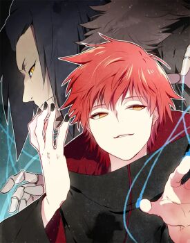 1boy akatsuki_uniform black_coat black_nails coat long_sleeves male_focus naruto_(series) naruto_shippuuden nipye orange_eyes outline parted_lips puppet puppet_strings red_hair sasori_(naruto) short_hair smile solo third_kazekage white_outline