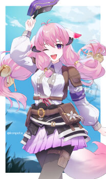 Rule 34 | 1girl, animal ears, armor, black pantyhose, blue hat, breasts, fox tail, gradient clothes, gradient skirt, hat, highres, hina (rune factory), horns, japanese armor, kusazuri, long hair, looking at viewer, medium breasts, necktie, one eye closed, pantyhose, pauldrons, pink hair, potacha, pouch, puffy sleeves, purple eyes, rune factory, rune factory: guardians of azuma, shirt, shoulder armor, skirt, smile, solo, tail, thigh pouch, white shirt