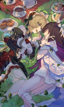 2girls black_bow black_hair blue_eyes bow brown_hair closed_eyes columbina_(genshin_impact) commentary_request cup cupcake food genshin_impact grass hair_bow head_wings highres leaf light_blush long_hair long_sleeves looking_at_another lying macaron multicolored_hair multiple_girls nekowankosuki on_side open_mouth pastry picnic_blanket plate purple_hair sandrone_(genshin_impact) smile teacup teapot winding_key wings yuri