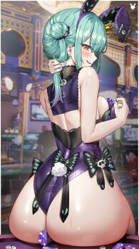 1girl alternate_breast_size animal_ears ass back bare_shoulders between_buttocks breasts earrings fake_animal_ears green_hair hair_bun hair_ornament heart heart-shaped_pupils highleg highleg_leotard highres hololive jewelry kuse_(0201) leotard medium_breasts open_mouth playboy_bunny purple_leotard purple_nails rabbit_ears red_eyes sideboob solo strapless strapless_leotard symbol-shaped_pupils uruha_rushia uruha_rushia_(1st_costume) virtual_youtuber