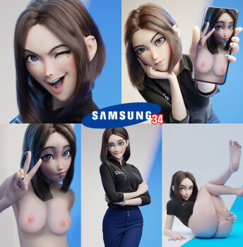 1girl 3d absurdres black_shirt blouse blue_eyes blue_nails blue_pants bottomless breasts brown_hair cellphone cellphone_photo collage crossed_arms earrings grabbing_own_ass highres holding holding_phone jewelry leg_up legs looking_at_viewer modeling nail_polish nipples nude nude_filter nude_modeling one_eye_closed open_mouth pale_skin pants phone photo_comparison pussy samsung samsung_sam self-upload shirt smartphone solo third-party_edit v wink
