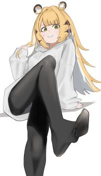 1girl animal_ears black_pantyhose feet highres hood hooded_jacket hoodie innosick jacket ju_fufu legs long_hair looking_at_viewer pantyhose soles solo tiger_girl zenless_zone_zero