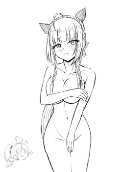 2girls ^^^ absurdres ahoge animal_ears antenna_hair assault_lily blunt_bangs blush braid breasts cat_ears chibi chibi_inset cleavage collarbone commentary_request completely_nude covering_breasts covering_crotch covering_privates cowboy_shot crown_braid greyscale groin head_only heart_antenna_hair heterochromia high_side_ponytail highres large_breasts long_hair looking_at_another looking_at_viewer mechanical_ears monochrome multiple_girls nagasaka_maho navel nose_blush nude o_o side_braids side_ponytail simple_background standing stomach tetsukawa_toa triangle_mouth very_long_hair white_background yadoo