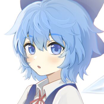1girl blue_bow blue_dress blue_hair bow cirno dot_nose dress fanxiaotu from_side hair_bow highres ice ice_wings light_blush looking_at_viewer open_mouth portrait shirt short_hair simple_background sleeveless sleeveless_dress solo touhou turning_head white_background white_shirt wings
