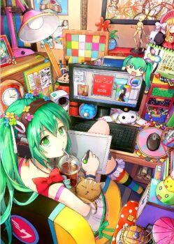 1girl book bookshelf bow cat chair clock colorful computer_keyboard computer_mouse desk_lamp doll drawing_tablet drink flower frilled_thighhighs frills green_eyes green_hair hachune_miku hair_between_eyes hair_flower hair_ornament hatsune_miku headphones holding holding_drink holding_stylus keep_calm_and_carry_on lamp mimi_n mousepad_(object) multicolored_thighhighs paper picture_frame plant pleated_skirt potted_plant red_bow red_flower sitting skirt solo striped_clothes striped_thighhighs stylus thighhighs vocaloid