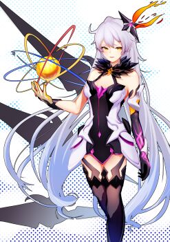 Rule 34 | 1girl, absurdres, ahoge, asymmetrical gloves, black gloves, boots, breasts, commentary, dress, gloves, hair ornament, highres, honkai (series), honkai impact 3rd, kiana kaslana, kiana kaslana (herrscher of the void), large breasts, long hair, looking at viewer, mismatched gloves, open mouth, polearm, polka dot, polka dot background, solo, thigh boots, very long hair, weapon, white dress, white gloves, white hair, yellow eyes, you'a
