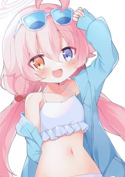 1girl :d absurdres ahoge bikini blue_archive blue_eyes blue_jacket blush collarbone commentary_request fang frilled_bikini frills hair_between_eyes hair_bobbles hair_ornament halo heterochromia highres hoshino_(blue_archive) hoshino_(swimsuit)_(blue_archive) jacket looking_at_viewer mimikkyu_(mimikyunosub) navel open_clothes open_jacket open_mouth partial_commentary pink_hair pink_halo simple_background smile solo stomach sunglasses swimsuit tongue twintails white-framed_eyewear white_background white_bikini yellow_eyes