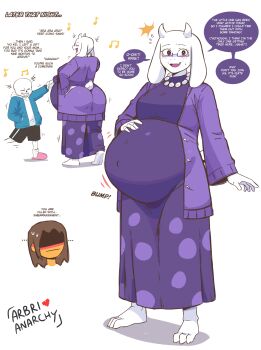 1girl absurdres animal_ears arbrianarchy belly big_belly deltarune english_text fetal_movement furry furry_female goat_ears goat_girl goat_horns goat_tail hand_on_own_hip hand_on_own_stomach highres horns kris_(deltarune) musical_note navel outie_navel pregnant sans_(undertale) speech_bubble tail toriel undertale utdr_(toby_fox)