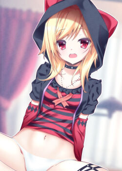1girl animal_ears animal_hood arms_behind_back black_choker blonde_hair blurry blurry_background blush cat_ears cat_hood choker commentary_request cowboy_shot dutch_angle fake_animal_ears frilled_shirt frills highres hood hood_up indoors jewelry kin-iro_loveriche looking_at_viewer medium_hair midriff navel necklace no_pants open_mouth panties red_eyes red_shirt shirt short_sleeves sitting solo souma_ria spread_legs striped_clothes striped_shirt sukonbu385 swept_bangs teeth thigh_strap underwear upper_teeth_only watermark white_panties