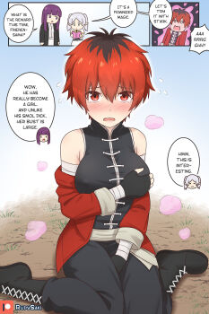 1boy 3girls aura bandaged_arm bandages between_legs black_footwear black_gloves black_pants blush book breasts casting_spell chibi chibi_inset chinese_clothes distress elf english_text fern_(sousou_no_frieren) flying_sweatdrops frieren genderswap genderswap_(mtf) gloves grabbing_own_breast grey_hair hand_between_legs highres holding holding_book kneeling large_breasts magic multicolored_hair multiple_girls on_ground pants pink_clouds pointy_ears purple_eyes purple_hair red_eyes red_hair rudy_saki smug sousou_no_frieren spell stark_(sousou_no_frieren) tearing_up transformation twintails two-tone_hair