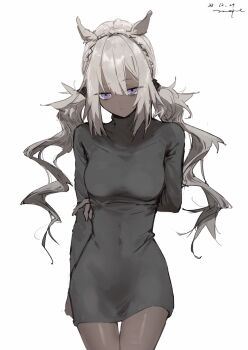 1girl alternate_costume animal_ears arknights black_dress breasts camel_ears camel_girl commentary dark-skinned_female dark_skin dress grey_hair hair_between_eyes highres long_hair long_sleeves looking_at_viewer medium_breasts pppmepl purple_eyes simple_background solo tuye_(arknights) white_background