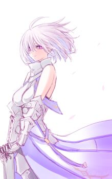 1girl absurdres artist_name bare_shoulders boobplate breastplate breasts commentary cowboy_shot falling_petals fate/grand_order fate_(series) floating_cape from_side gauntlets gorget hair_between_eyes highres himo large_breasts looking_at_viewer mash_kyrielight mash_kyrielight_(paladin) medium_hair partially_shaded_face petals purple_eyes sketch smile solo waist_cape