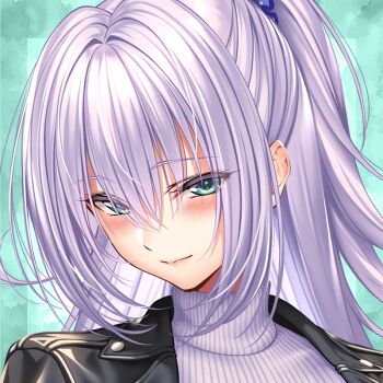 Rule 34 | 1girl, amakano ~second season~, aqua eyes, black jacket, blue scrunchie, blush, closed mouth, commentary request, cropped, grey hair, grey sweater, hair ornament, hair scrunchie, head tilt, high ponytail, jacket, long hair, looking at viewer, official art, open clothes, open jacket, piromizu, ponytail, scrunchie, smile, solo, striped clothes, striped sweater, suzurikawa euphrasie ruika, sweater, turtleneck, turtleneck sweater, vertical-striped clothes, vertical-striped sweater