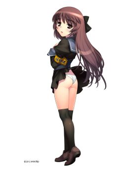 ass black_serafuku black_thighhighs blush brown_eyes brown_hair clothes_lift highres long_hair looking_back mangusta:_chijoku_fuuki_iinkai panties school_uniform serafuku shoes skirt skirt_lift thighhighs underwear upskirt white_panties wind wind_lift