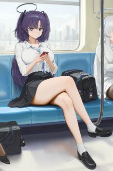 2girls absurdres bare_legs black_footwear black_skirt blue_archive blue_eyes blue_hair breasts crossed_legs halo heine_(haloo1101) highres holding holding_phone large_breasts legs long_hair looking_at_viewer multiple_girls noa_(blue_archive) phone ribbed_socks shirt sitting skirt socks solo_focus thighs train white_hair white_shirt yuuka_(blue_archive)