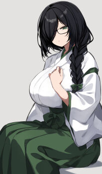 1girl absurdres black-framed_eyewear black_hair bow braid braided_ponytail breasts commentary_request green_bow green_eyes green_hakama grey_background hair_bow hair_over_one_eye hakama highres japanese_clothes large_breasts long_sleeves looking_at_viewer miko original simple_background sitting solo urabanasimati wide_sleeves