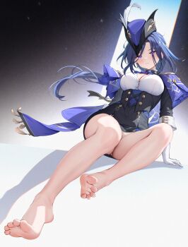 1girl absurdres arm_support ascot bare_legs barefoot black_corset black_jacket blue_cape blush breasts button_gap cape center_opening clorinde_(genshin_impact) commentary corset earrings epaulettes feet fold-over_gloves foot_focus foreshortening framed_breasts genshin_impact gloves hair_between_eyes hat hat_feather highres jacket jewelry large_breasts legs light_frown long_hair long_hair_between_eyes looking_at_viewer pencil_skirt presenting_foot purple_ascot purple_cape purple_eyes purple_hair radoremo shirt sitting skirt soles solo toenails toes tricorne white_gloves white_shirt