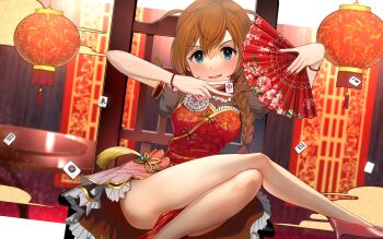 1girl absurdres baba_konomi bare_legs blue_eyes blurry blurry_background blush braid breasts brown_hair china_dress chinese_clothes commentary_request dress fingernails hair_over_shoulder hand_fan high_heels highres holding holding_fan idolmaster idolmaster_million_live! indoors lantern long_hair looking_at_viewer mahjong mahjong_tile nail_polish open_mouth paper_fan paper_lantern red_dress red_nails red_shoes shoes single_braid sitting smile solo suzuki_puramo two_side_up