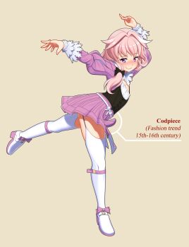 Rule 34 | 1boy, absurdres, alternate language, arms up, astolfo (fate), ballet, ballet boots, blush, bow, circle, codpiece, crossdressing, crossdressing (mtf), english text, fashion, fate/grand order, fate (series), flat chest, footwear bow, footwear ribbon, hadaparuka, heart, highres, history, leaning forward, leg up, long hair, long sleeves, looking away, pink eyes, pink hair, pink skirt, pleated skirt, ponytail, skirt, smile, solo, thighs, trap, white legwear, yellow background